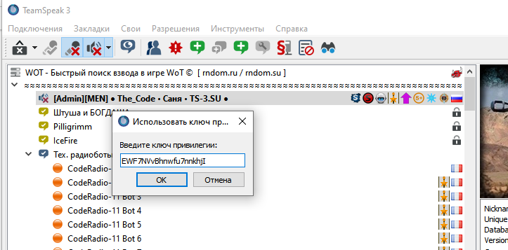 Окно "Использовать ключ привилегии"