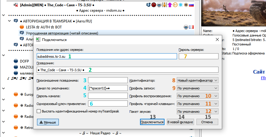 Детальное окно подключения
